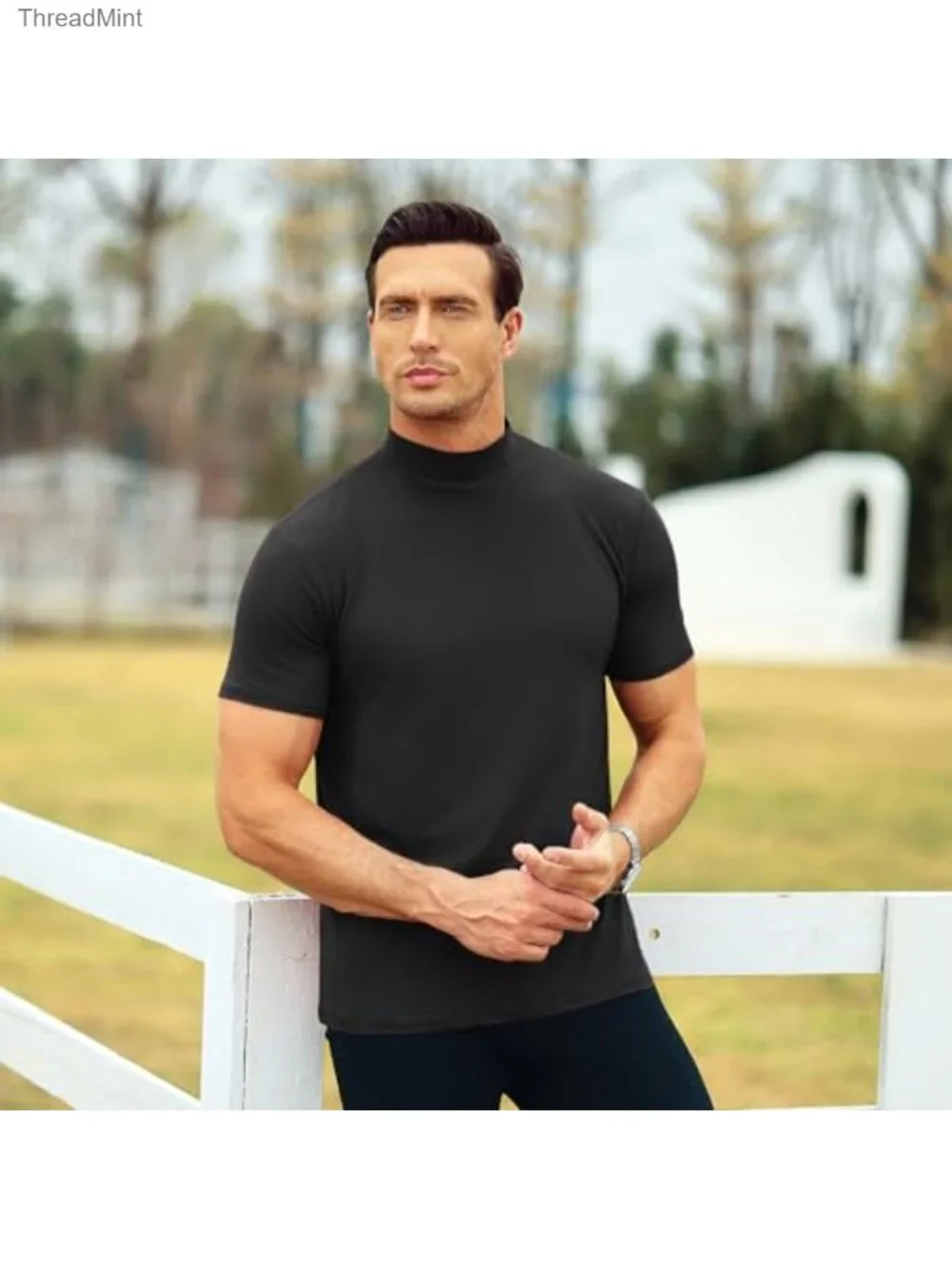 Slim Fit Mock Turtleneck Short Sleeve Tee Thermal Undershirt Cotton Spandex